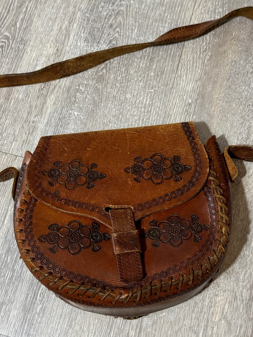 Handcrafted Brown Floral Tooled Leather Crossbody Bag
